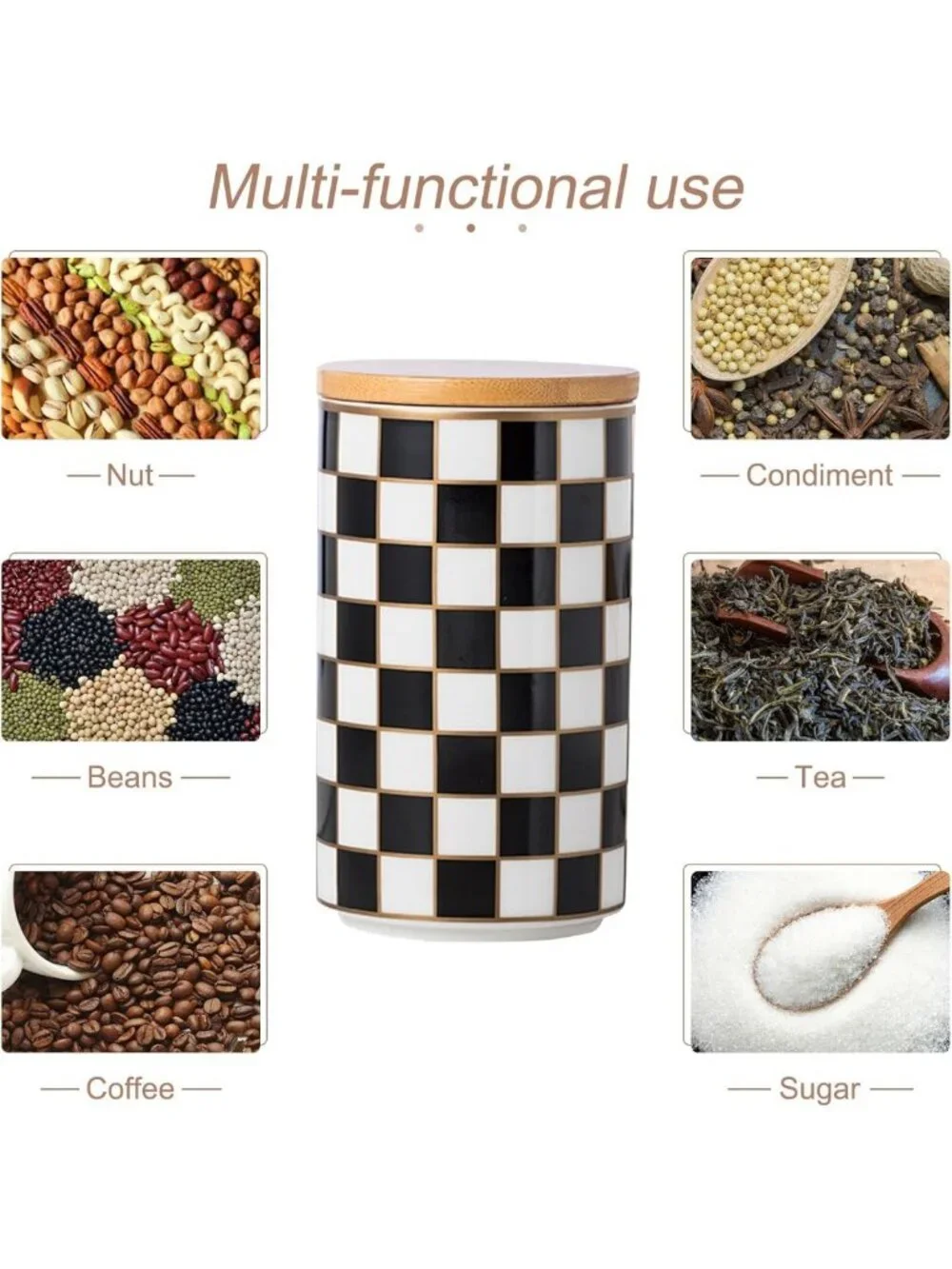 Stylish Black & White Checkered Ceramic Canisters - Airtight Food Storage for